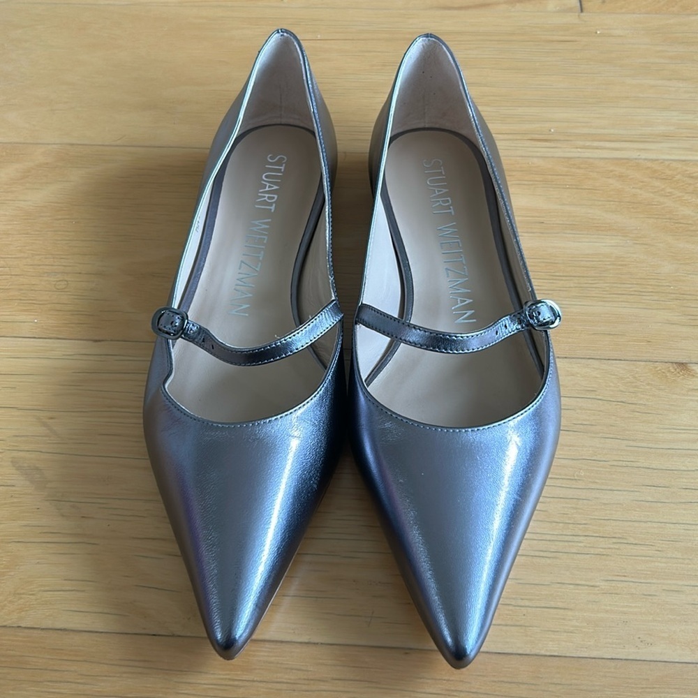 Stuart Weitzman Emilia Mary Jane silver pointy toe flats